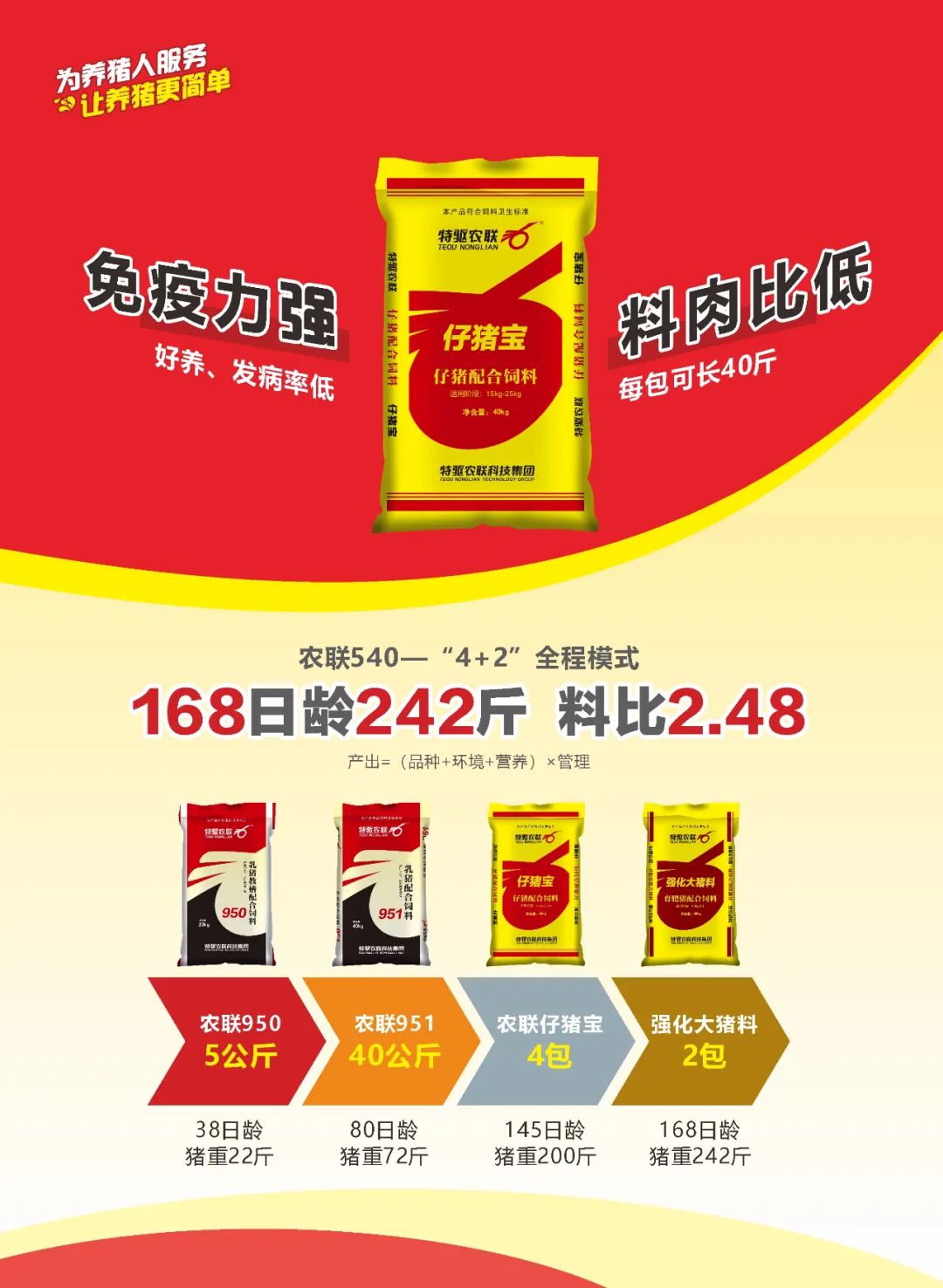 張老板：料肉比1.77，一包料長45.2斤豬，確實不錯！