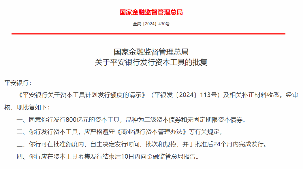 金融監(jiān)管總局批復！平安銀行獲批發(fā)行800億元資本債