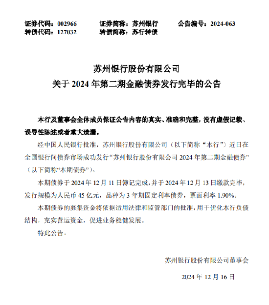 蘇州銀行：完成發(fā)行2024年第二期金融債券